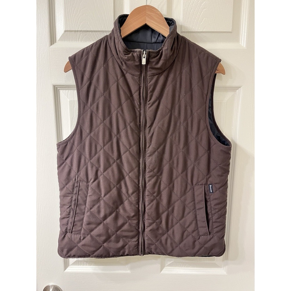 Façonnable Quilted Reversible Vest Mens Size Small Brown Navy Blue Mock Neck